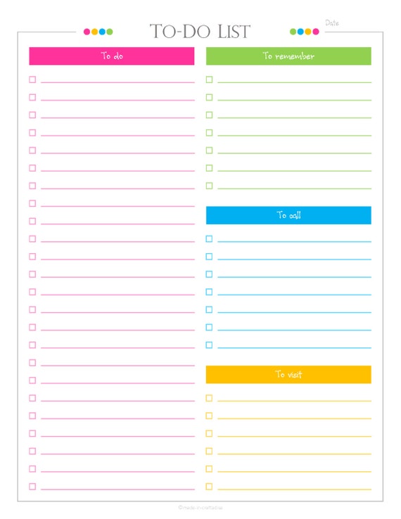 Daily To do checklist with categories PDF Planner list