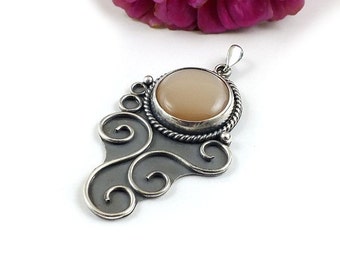 Peach moonstone pendant, silver retro pendant, metalwork jewelry