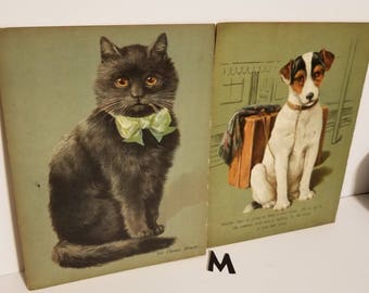 2 Antique illustrations full page Dogs Cats children's Storybook sepia color pictures story book ephemera paper art supplies lot M