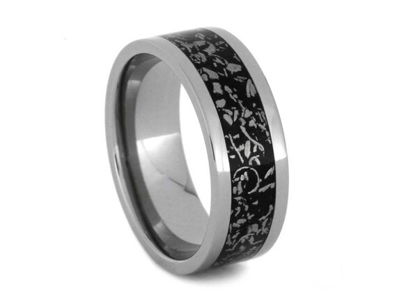 Black Stardust Wedding Band Titanium Ring With Meteorite