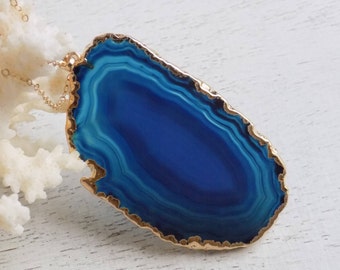 Long Blue Agate Slice Necklace, Long Necklace, Agate Necklace, Agate Slice Necklace, Layering Necklace, Stone Necklace, Boho Necklace 10-648