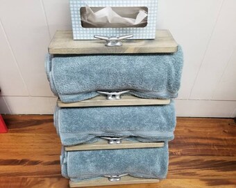 Rustic Nautical Wide Four Shelf Towel Rack, Bathroom Decor, Marina Decor, Navy, Sailing