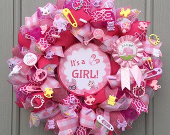 It’s a girl wreath, baby girl wreath, pink decoration, baby shower wreath, nursery wreath, deco mesh pink wreath, baby shower gift