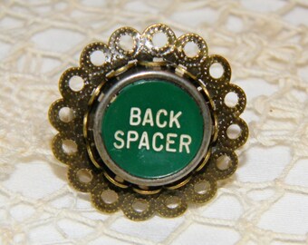 Vintage Green Back Spacer Typewriter Key Ring Bronze Bezel Setting Steampunk Ring Typewriter Key Jewelry Bronze Bezel Ring Flower Loops Ring