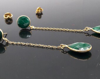 Emerald Golden Threader earring,Two gemstone stud,natural stone, emerald jewelry,may birthstone,18 k Gold bezel,Trendy Stylish,Wedding gift