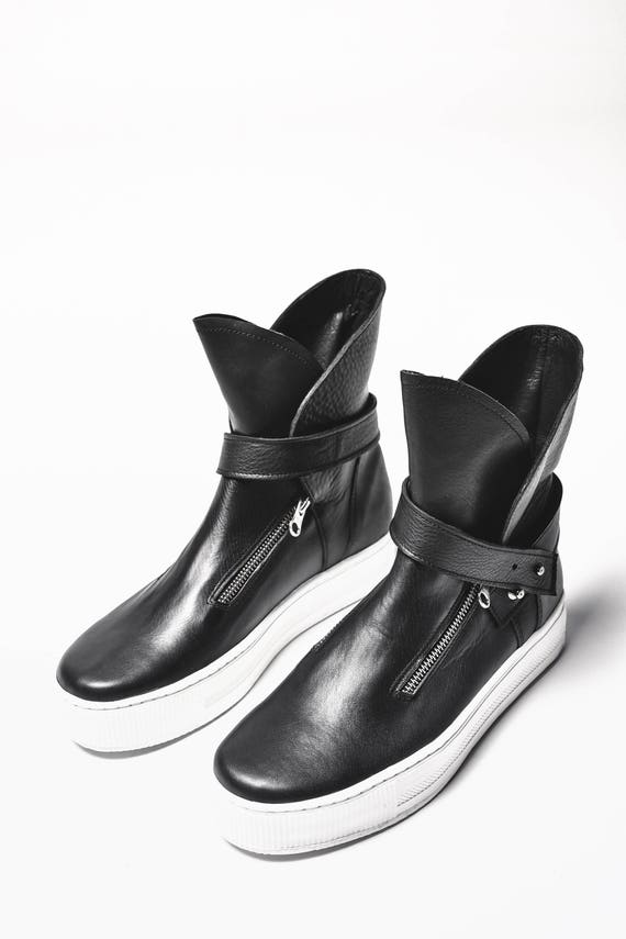 New 2016 Black High Top Zipper Sneakers HandMade by