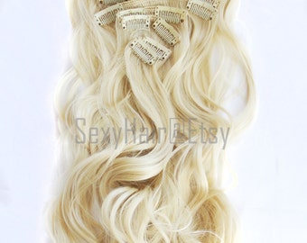 23" Platinum Blonde Hair Extensions, Bleach Blonde, Clip in Extensions, 8 Piece Set, Clip On Extension, Long Hair,Bunny Blonde