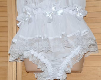 Petticoated panties sissy dress, soft sheer white chiffon, panties for men, risque Sissy Lingerie pantydress