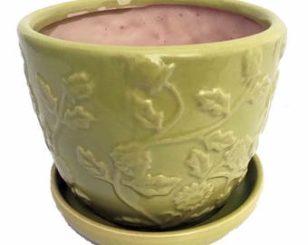 Lime Green Floral Planter with Attached Saucer - 6" x 5"