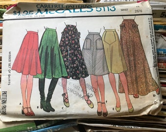 Vintage McCall's Skirt Sewing Pattern / Retro 1970s Misses Flared A-Line & Gored Skirts / Size 12, Waist 26 1/2 / 5113
