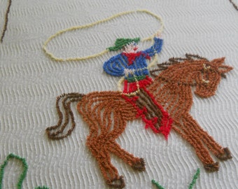 Vintage Cowboy Riding a Horse Chenille Bedspread-Horseshoe-Cactus-Cutter