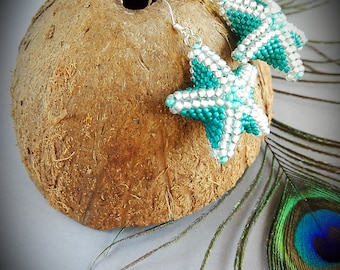 Handmade earrings, seed bead earrings, sea star, sea star earrings, Peyote earrings, beaded earrings, turquoise earrings, star earrings