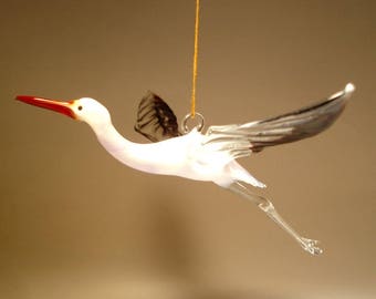 Blown Glass Figurine Bird Hanging White and Black EGRET Heron Ornament