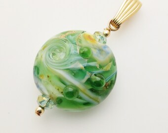 Green Lampwork Bead Gold Filled Pendant EE Designs