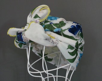 Yellow and blue floral headscarf, Vintage rose pattern silk square scarf , Ladies scarf