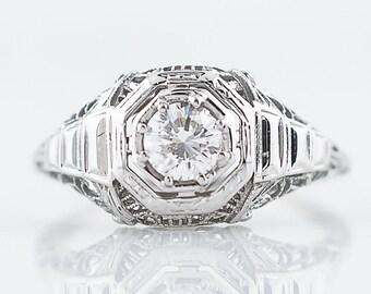 Antique Engagement Ring Art Deco .49 Round Brilliant Cut Diamond in 14k White Gold