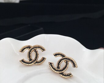 silver gold golden tone CC earrings black