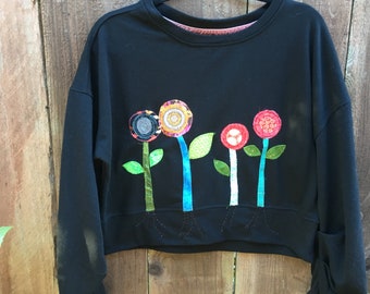 Black wide patched sweater L, Up-cycled women clothes, recycled clothing,