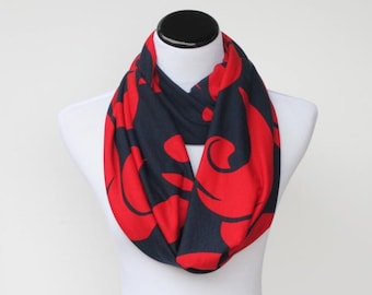 Red and navy blue infinity scarf boho scarf circle scarf loop scarf floral swirls snood scarf - bohemian scarf gift idea for her