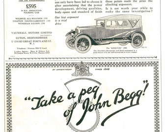 Vauxhall 1920s Motors Advert, Vauxhall Cars Advert, 1920s Advert, 1920s Motoring, Classic Cars, John Begg Whisky, Scotch Advert, Art Deco