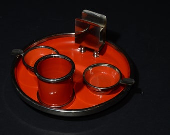 Art Deco, tobacciana, Dark Orange and Chrome, Smoking Set, Cigarette Holder, Candle Holder, Carousel-Ashtray, Matchbox Holder, Tray, vintage