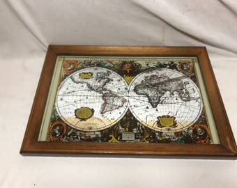 Vintage map Bar mirror advertising world + frame wood Vintage