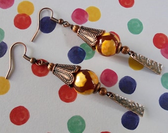 Copper and Yellow Dzi Boho Earrings (4187)