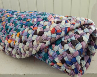 Blue and White Braided Rag Rug - 1960s Vintage Rag Rug with Blues and Mixed Colors - 1960s Kitchen Bath Decor - Hand Braided Blue Rag Rug