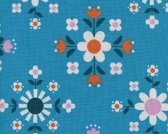 WELSUMMER Unbleached Cotton By Kim Kight for Cotton and Steel Fabrics Florametry Bright Blue