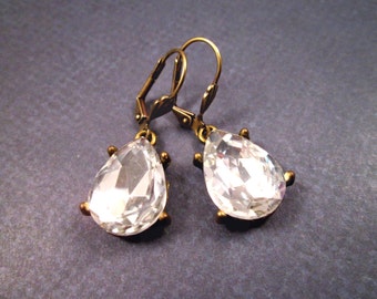 Rhinestone Earrings, White Glass Drop Earrings, Brass Dangle Earrings, FREE Shipping U.S.