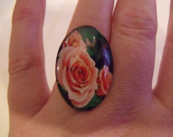 SALE coral salmon pink oval glass cabochon ring
