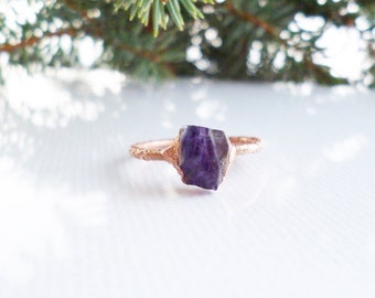 Amethyst ring, raw stone ring, natural crystal ring, stackable rings, electroformed