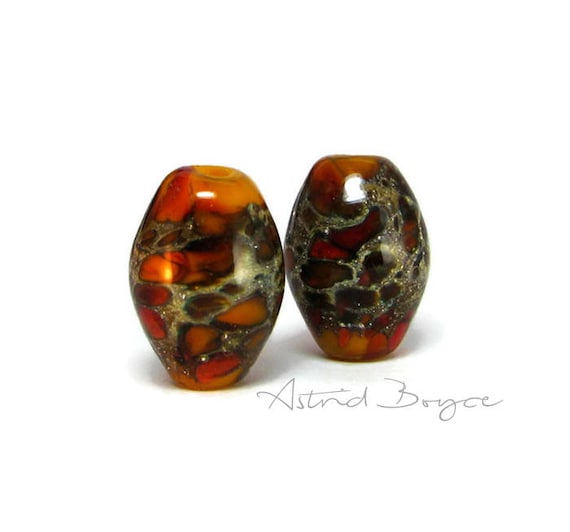 Ignition Ovals Artisan Lampwork Bead Pair - Autumn Glass paired with fine Italian Silver - these pair perfectly with 2mm Natural Leather
