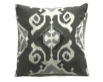 Decorative Pillow Cover Charcoal Graphite Gray White Ikat Design Same Fabric Front/Back Toss Throw Accent 18x18 inch