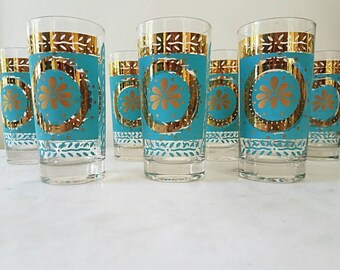 7 Mid Century Glasses, Vintage, Gold, Georges Briard, Turquoise, Culver, Fred Press