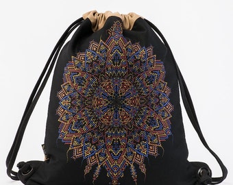 Mandala Sack Bag, Festival Bag, Drawstring Backpack, Screen Printed, Tribal Bag, Psychedelic, Burning Man, Uv, Festival Gear