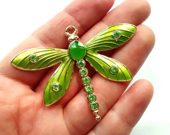 1/2 pcs Gold Large enamel dragonfly pendant, diamante green, bling diamante cases, craft supplies, jewellery making, bag planner charm,