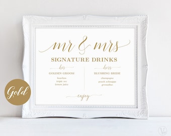 Gold Signature Drinks Sign, Mr and Mrs Signature Drinks Sign, Printable Signature Drinks Sign, Wedding Reception Sign