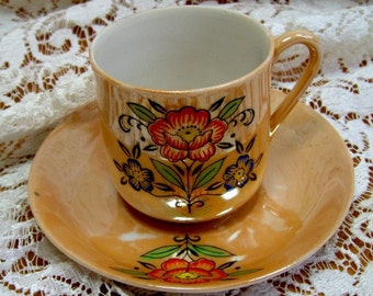 DEMITASSE - Cup and Saucer Luster Ware Lustreware - handpainted motif JAPAN