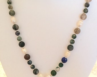 Tree agate beads and cultured pearls with carved Mother of Pearl pendant (2 inches), 21 inch long necklace.