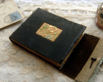 Meditations - Mini Black Leather Pocketbook, Recycled, Vintage Linen, Tea Stained Pages - OOAK