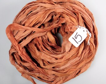 Silk Sari Ribbon, Sari silk ribbon, recycled ribbon sari ribbon, Coral sari ribbon, wedding ribbon, tassel ribbon, rug making supply