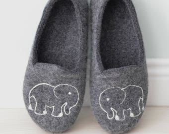 Elephant slippers, grey house slippers, warm gift, wool slippers, natural wool clogs
