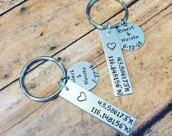Custom Handstamped Coordinates Keychain, Couples Coordinate Set, Personalized Stamped Latitude and Longitude, Wedding Gift, Anniversary Gift