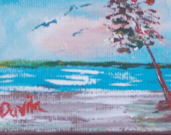 Seaside original acrylic impressionistic painting hand painted by Texas artist signed 2x3 inches