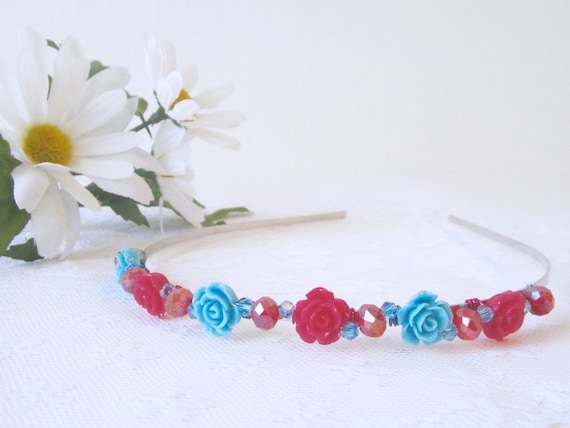 Red and Blue Hair Ornament // Colorful Flower Headband // Resin Flower Hair Accessory // Bejeweled Hair Band // Blossoms Halo // Hair Decor