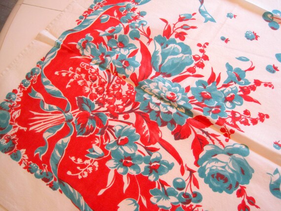 Red Floral Tablecloth, 50's Red Aqua Colors, Roses Cotton, 40 Inch Square