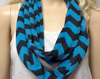 Turquoise Blue & Black Chevron Print Infinity Scarf Jersey Knit
