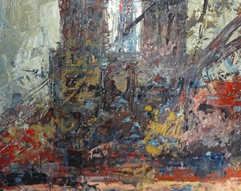 Vintage Paris Oil Painting, Le Rideau Oil Painting, Notre Dame de Paris, Vintage Art