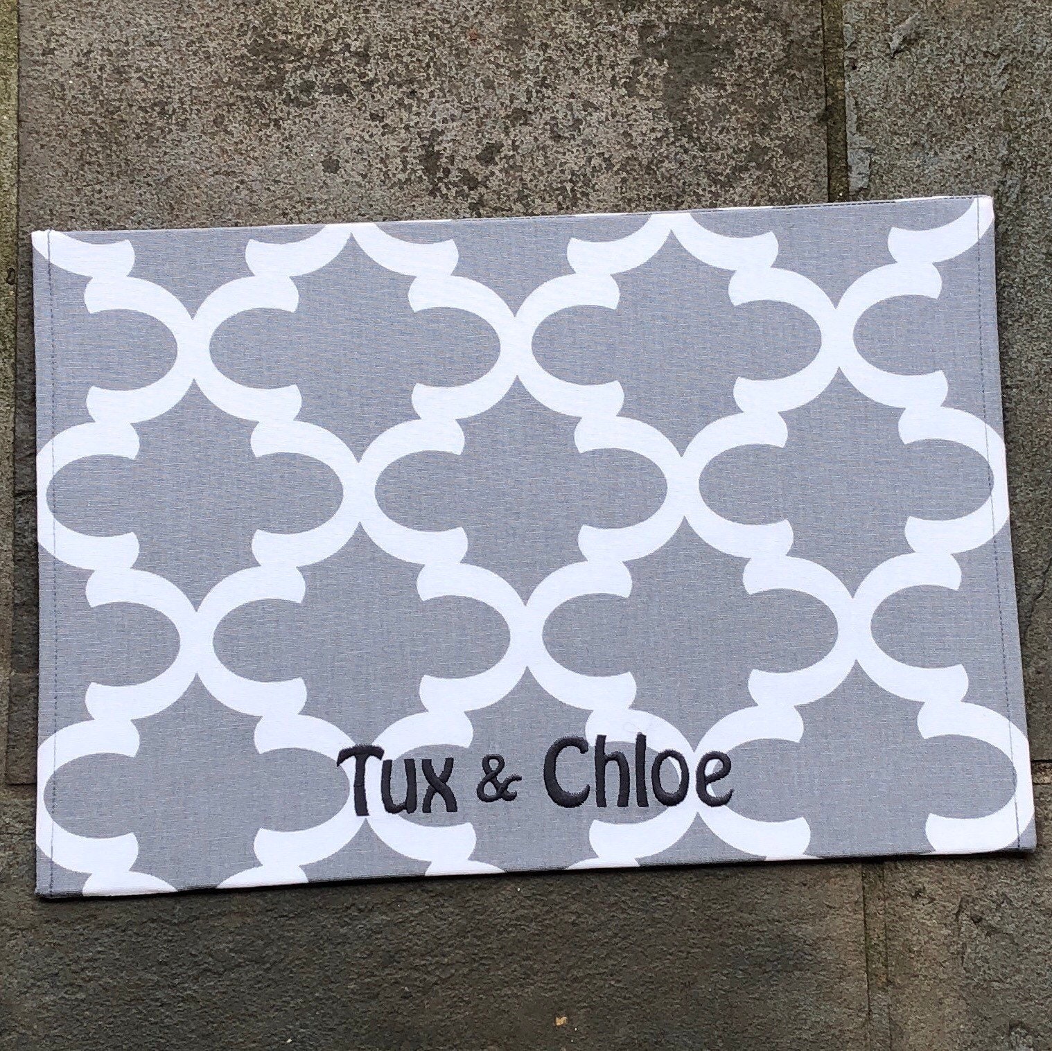 personalized puppy bowl mat grey quatrefoil water repellent pet